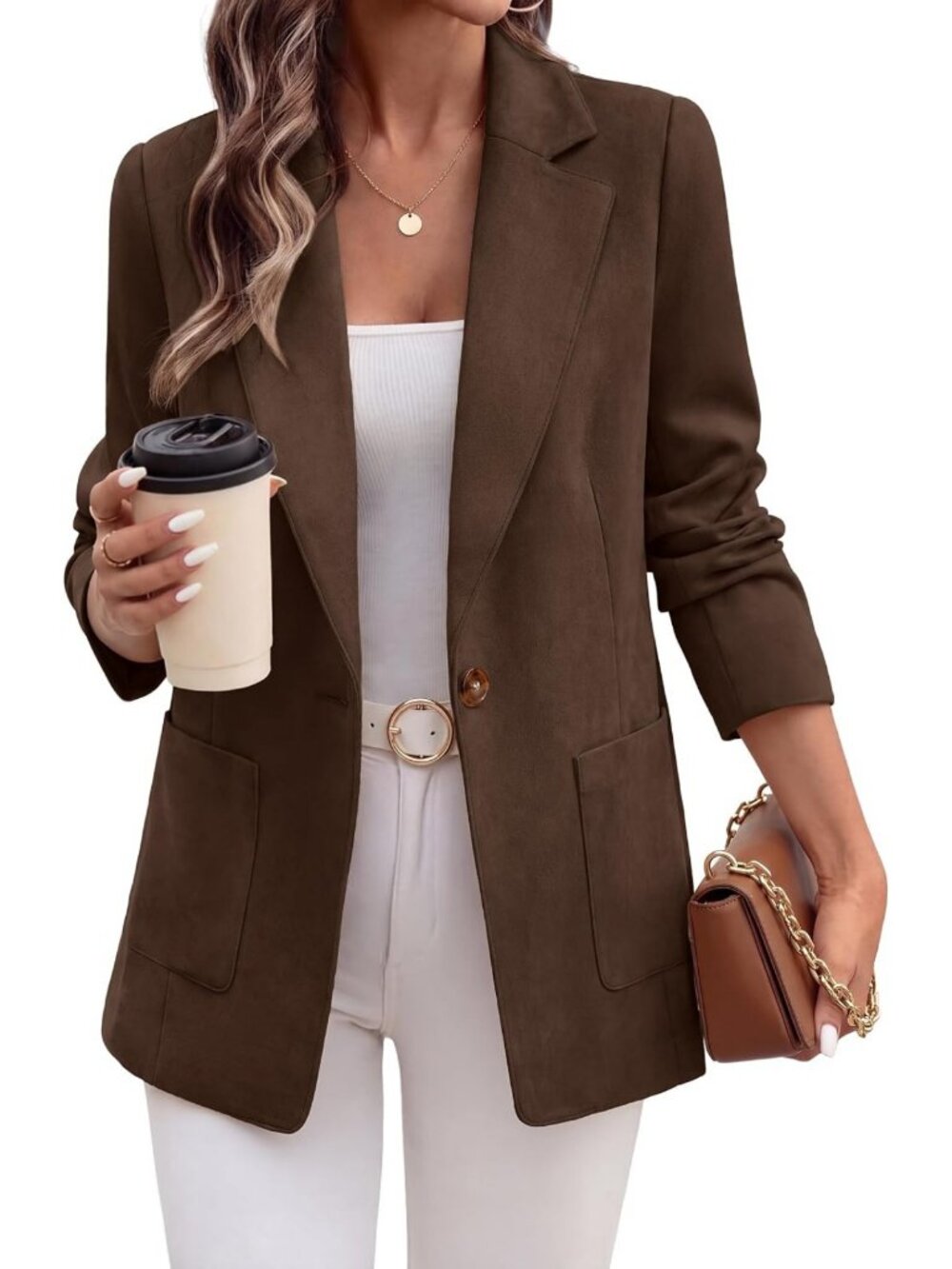 Chic Women's Faux Suede Blazer - Business Casual Jacket for Fall Fashion